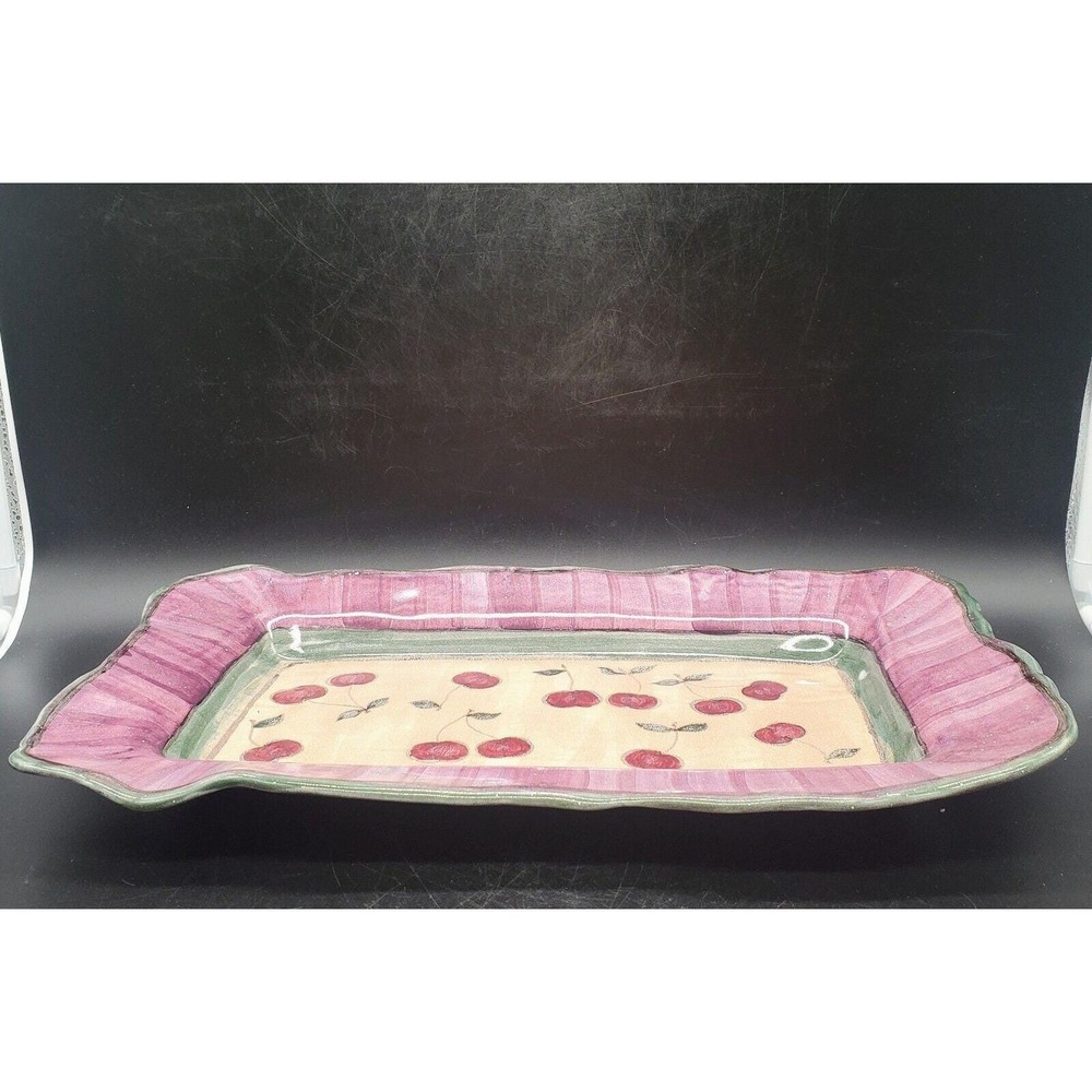 Handmade Studio Art Pottery Centerpiece Redware Tray Hand Painted Fruit‎ Cherry